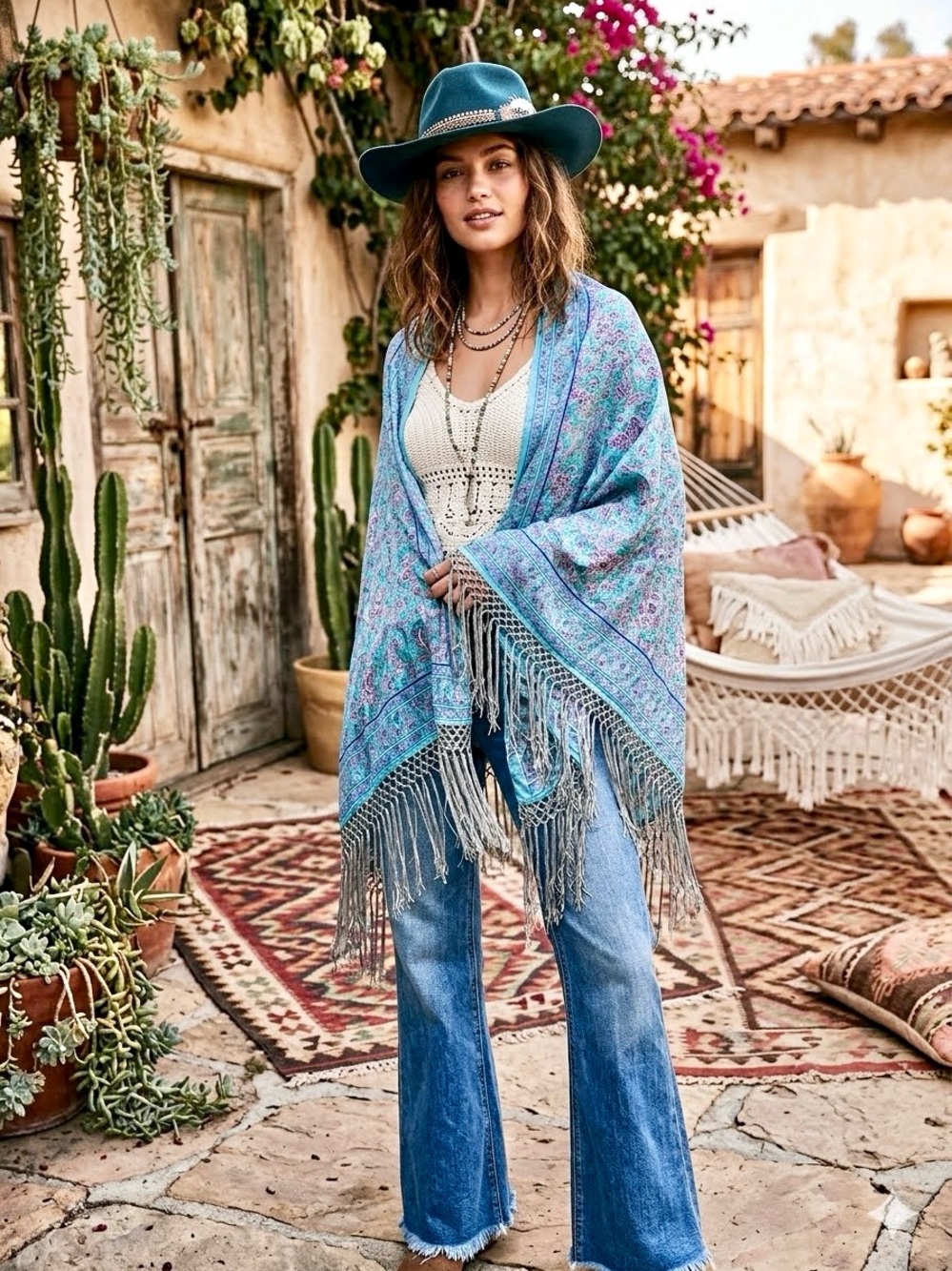 Fringe SILK boho scarf/body wrap w shabby chic prairie country farmhouse vibe